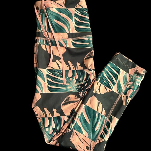 Nike Dri Fit Leggings S Pink Monstera Palm Leaves Cropped High Rise Tropical - Picture 9 of 9